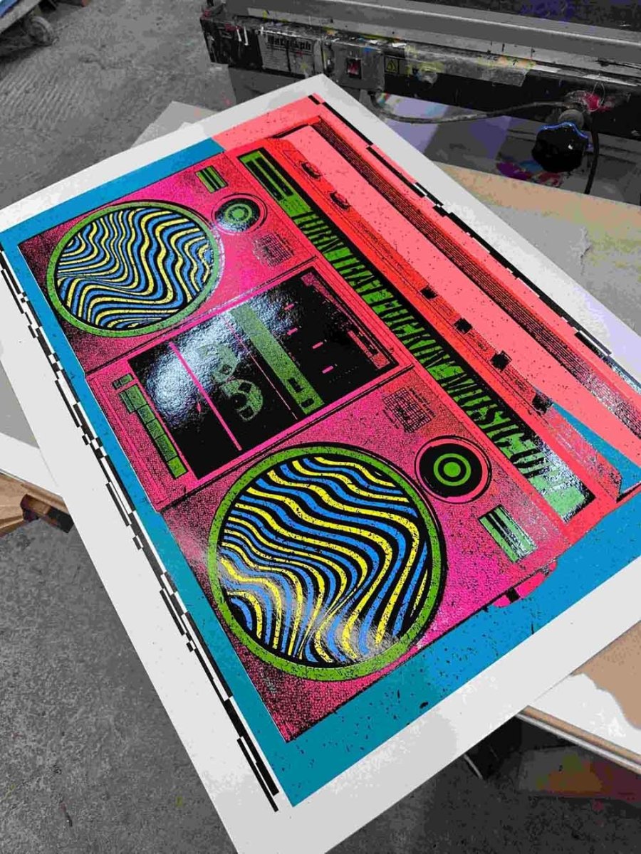 7-colour screenprint, hot pink, orange, cyan and lime green, retro boombox with psychedelic wave speakers