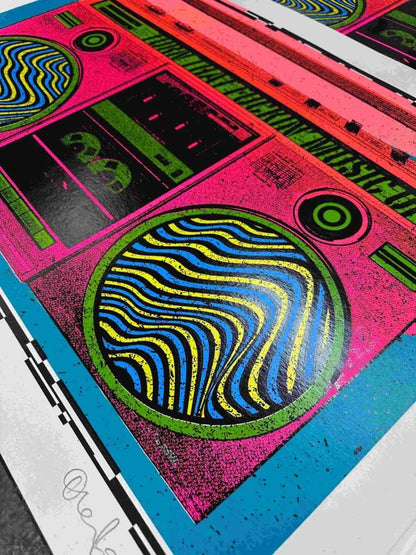 7-colour screenprint, hot pink, orange, cyan and lime green, retro boombox with psychedelic wave speakers