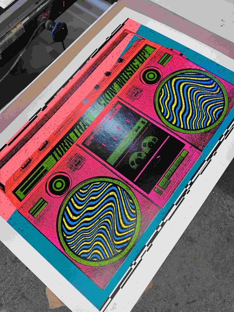 7-colour screenprint, hot pink, orange, cyan and lime green, retro boombox with psychedelic wave speakers