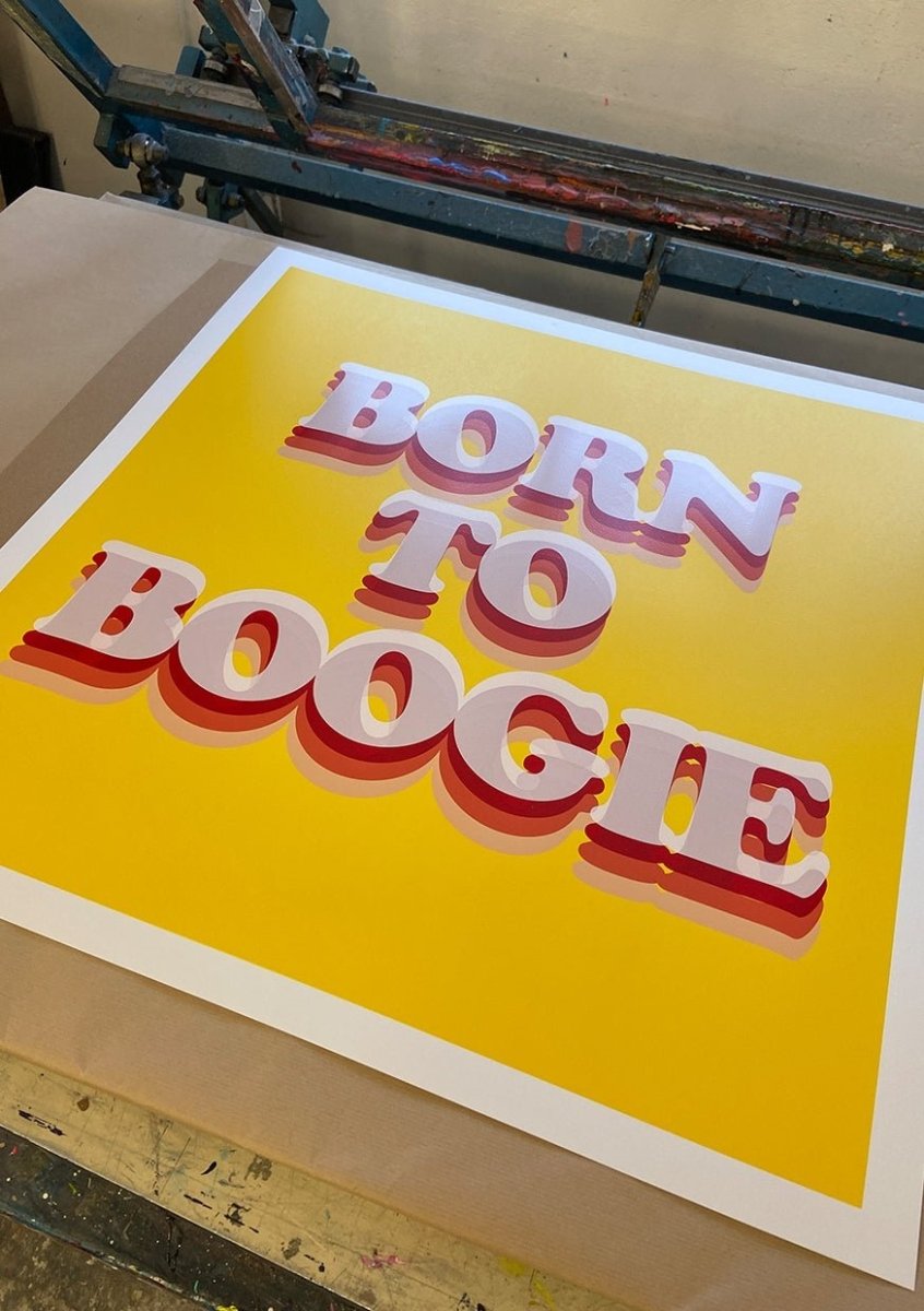4-colour screenprint, yellow, pink and red, retro 3D typography, edition of 20, white stock