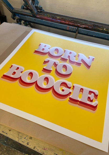 4-colour screenprint, yellow, pink and red, retro 3D typography, edition of 20, white stock
