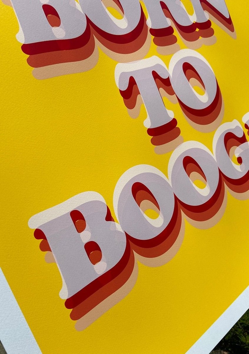 4-colour screenprint, yellow, pink and red, retro 3D typography, edition of 20, white stock