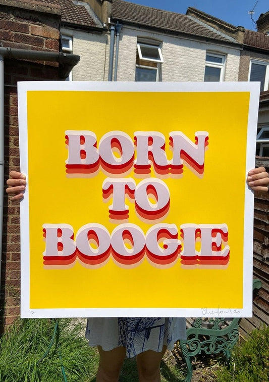 Born To Boogie hand-pulled screenprint by Oli Fowler, bold 3D yellow typography, limited edition