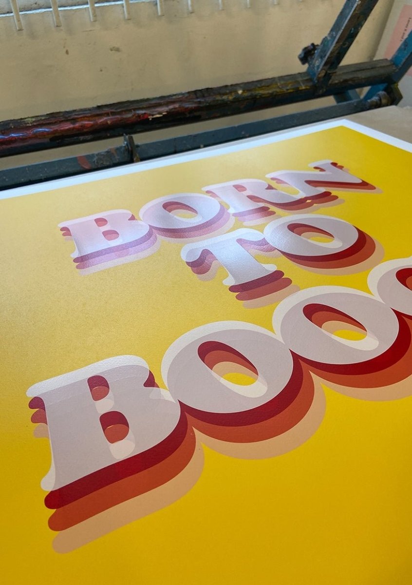 4-colour screenprint, yellow, pink and red, retro 3D typography, edition of 20, white stock