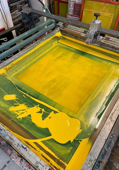 4-colour screenprint, yellow, pink and red, retro 3D typography, edition of 20, white stock