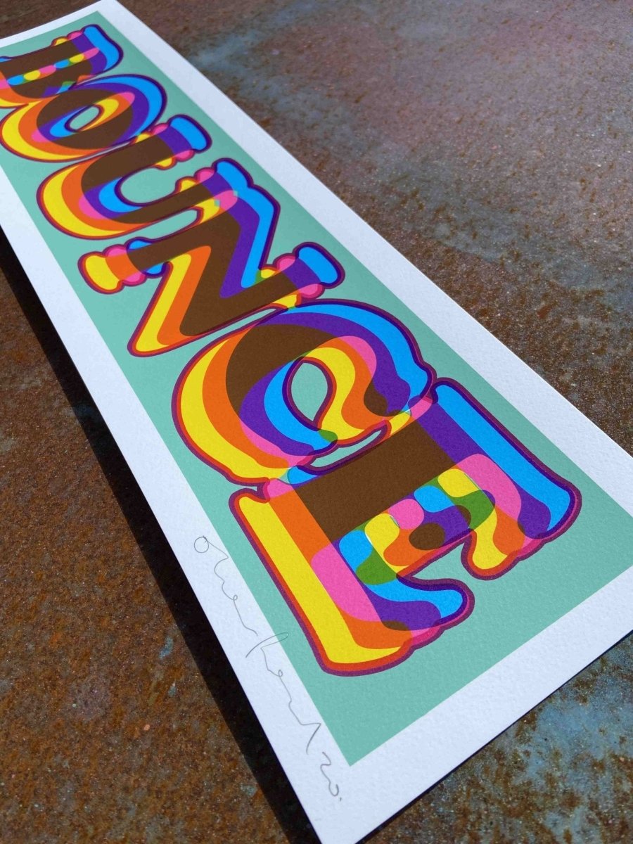 Multi-colour screenprint, rainbow and mint green, BOUNCE in psychedelic bubble lettering, limited edition