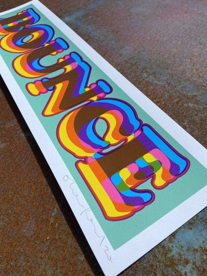 Multi-colour screenprint, rainbow and mint green, BOUNCE in psychedelic bubble lettering, limited edition