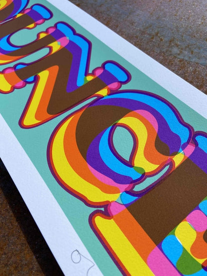 Multi-colour screenprint, rainbow and mint green, BOUNCE in psychedelic bubble lettering, limited edition