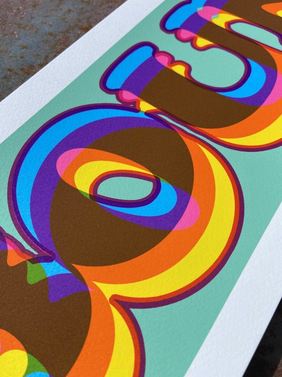 Multi-colour screenprint, rainbow and mint green, BOUNCE in psychedelic bubble lettering, limited edition