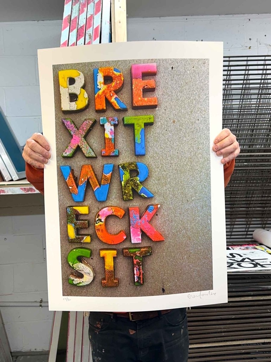2-colour hand-pulled screenprint, hot pink and black, bold dripping 'BREXIT WRECKSIT' typography