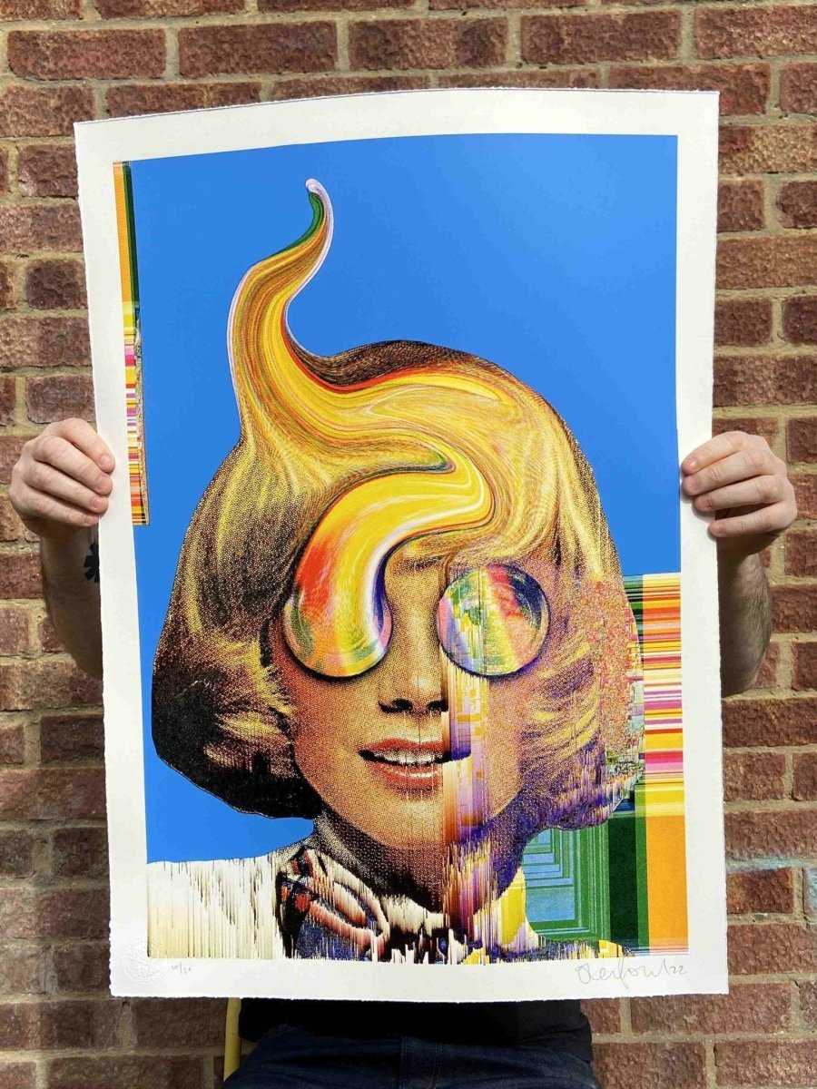 Bubble Eye hand-pulled CMYK screenprint by Oli Fowler — glitchy surreal portrait with rainbow spot colours