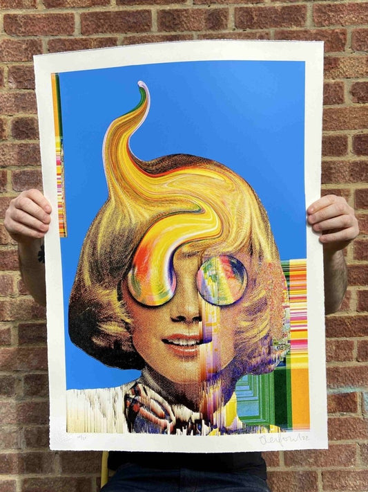 Bubble Eye hand-pulled CMYK screenprint by Oli Fowler — glitchy surreal portrait with rainbow spot colours