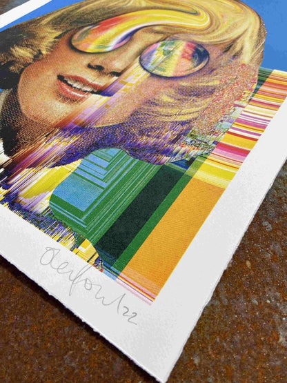 Multi-colour CMYK screenprint, blue and yellow, psychedelic portrait with bubble eyes and rainbow glitch effects