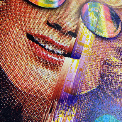 Multi-colour CMYK screenprint, blue and yellow, psychedelic portrait with bubble eyes and rainbow glitch effects