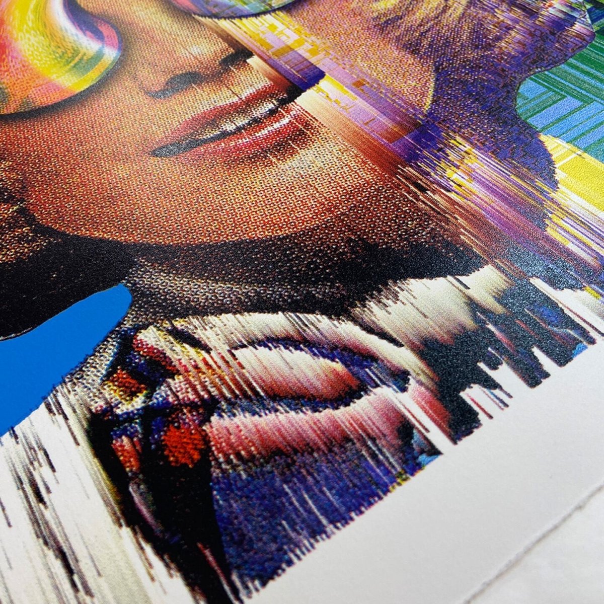 Multi-colour CMYK screenprint, blue and yellow, psychedelic portrait with bubble eyes and rainbow glitch effects