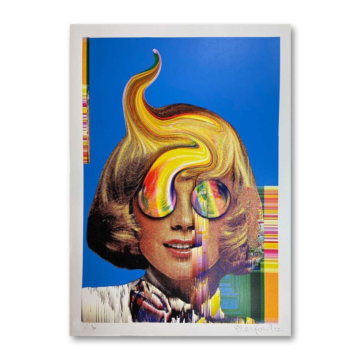 Multi-colour CMYK screenprint, blue and yellow, psychedelic portrait with bubble eyes and rainbow glitch effects