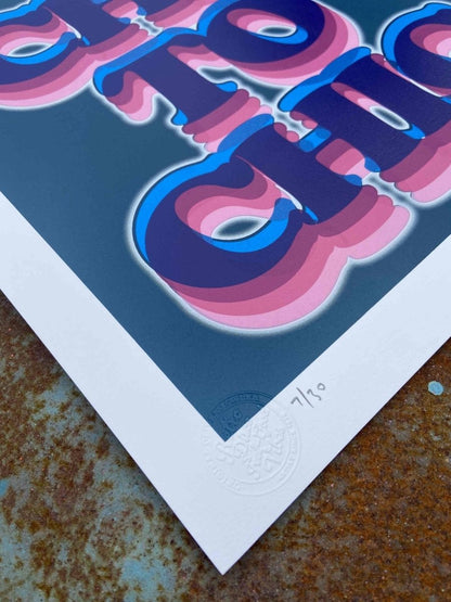 6-colour hand-pulled screenprint, teal, purple and pink, groovy psychedelic lettering, edition of 50