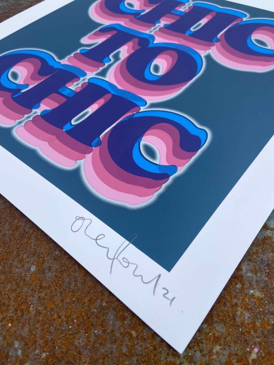 6-colour hand-pulled screenprint, teal, purple and pink, groovy psychedelic lettering, edition of 50