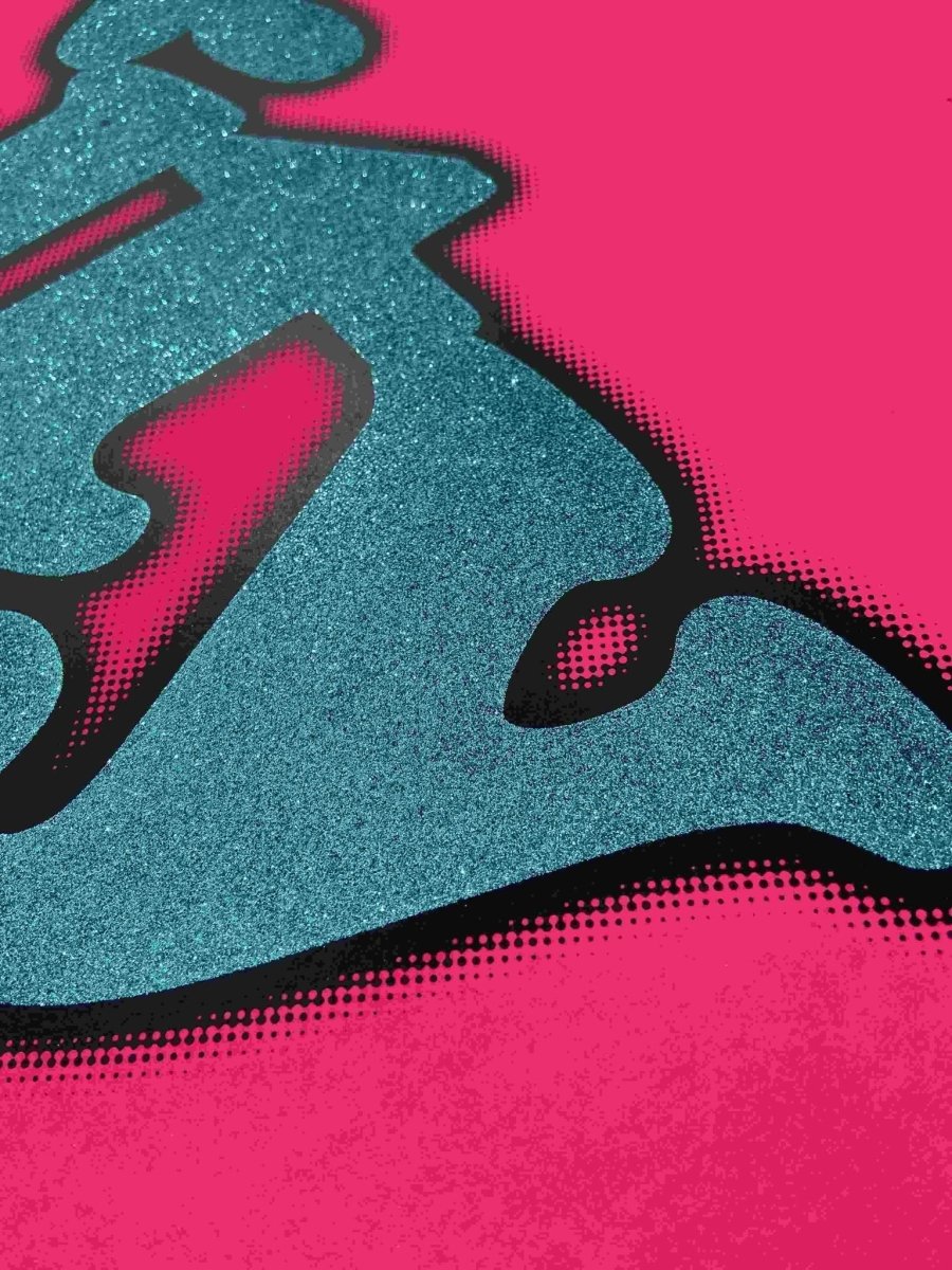 2-colour screenprint, neon pink and turquoise glitter, bold 'City Life' typography in black frame