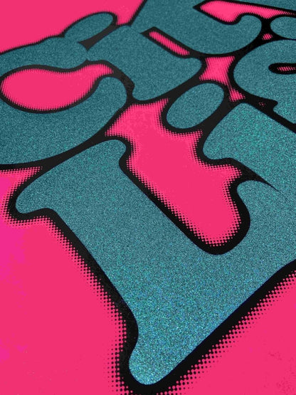 2-colour screenprint, neon pink and turquoise glitter, bold 'City Life' typography in black frame