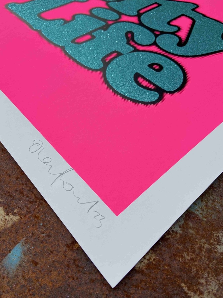 2-colour screenprint, neon pink and turquoise glitter, bold 'City Life' typography in black frame