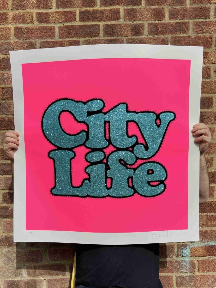 2-colour screenprint, neon pink and turquoise glitter, bold 'City Life' typography in black frame