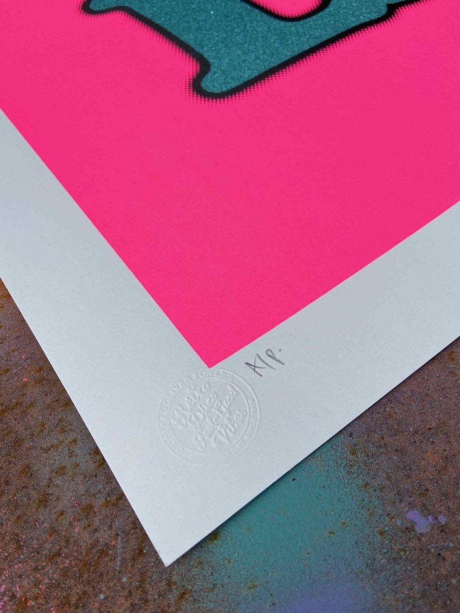 2-colour screenprint, neon pink and turquoise glitter, bold 'City Life' typography in black frame
