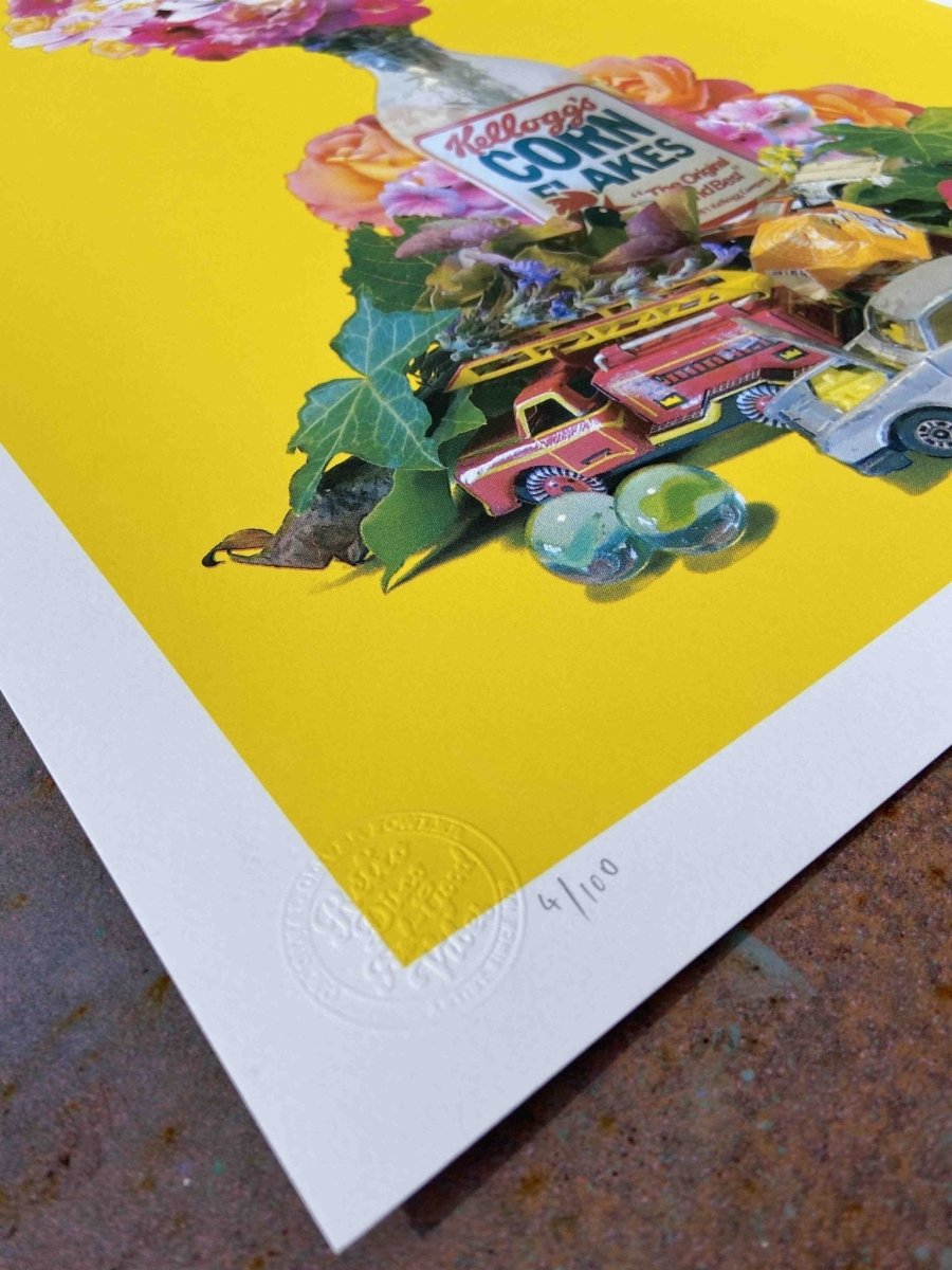 4-colour CMYK screenprint, yellow, pink and white, Cornflakes vase still life with flowers and toys