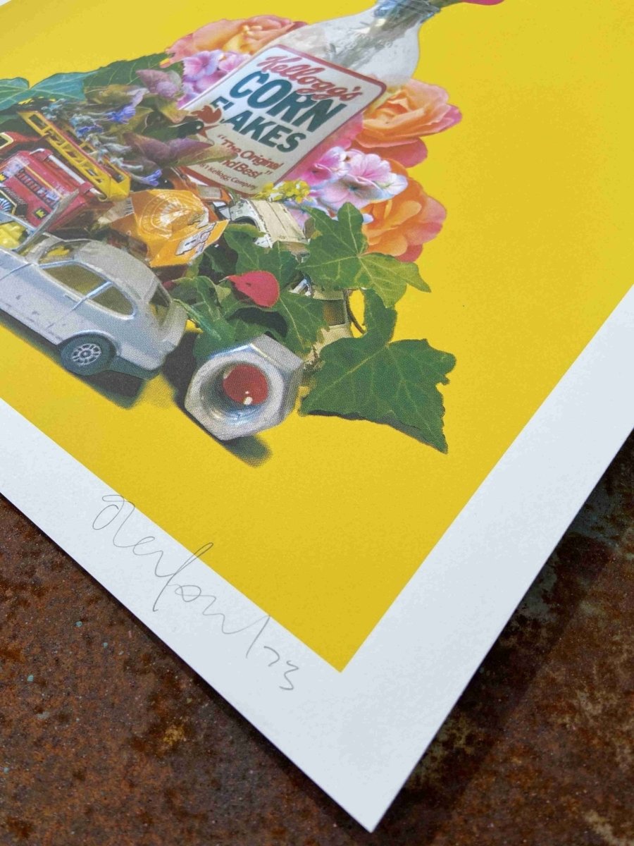 4-colour CMYK screenprint, yellow, pink and white, Cornflakes vase still life with flowers and toys