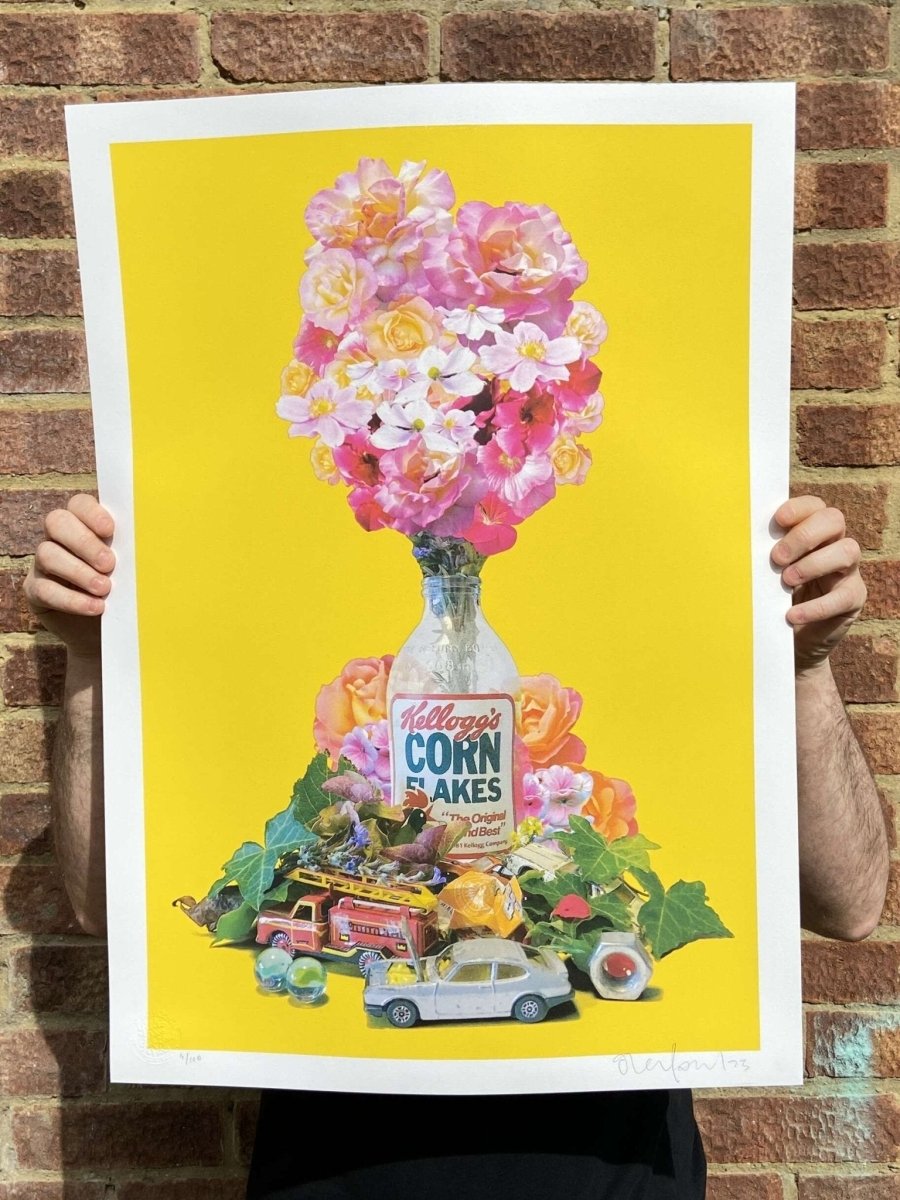 Cornflake CMYK Still Life hand-pulled screenprint by Oli Fowler — flowers, toys and Kellogg's on yellow