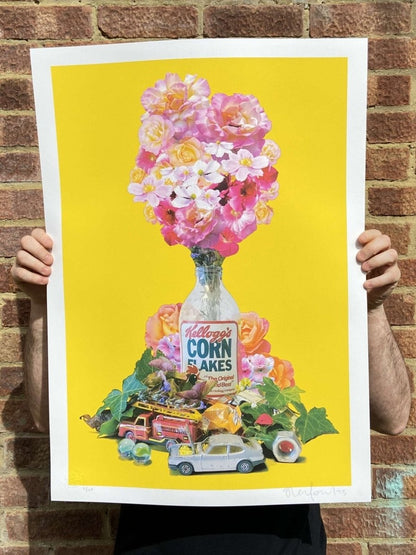 Cornflake CMYK Still Life hand-pulled screenprint by Oli Fowler — flowers, toys and Kellogg's on yellow