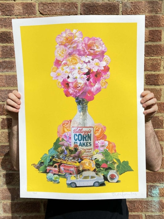 Cornflake CMYK Still Life hand-pulled screenprint by Oli Fowler — flowers, toys and Kellogg's on yellow