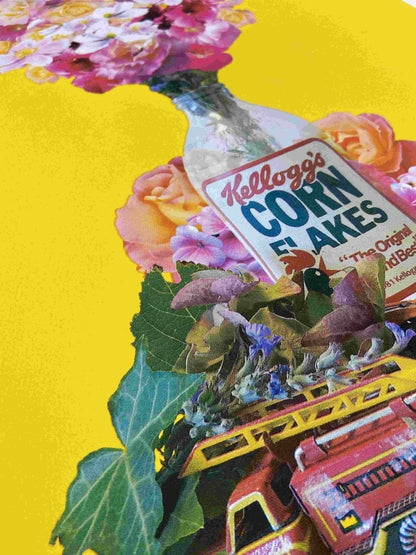 4-colour CMYK screenprint, yellow, pink and white, Cornflakes vase still life with flowers and toys