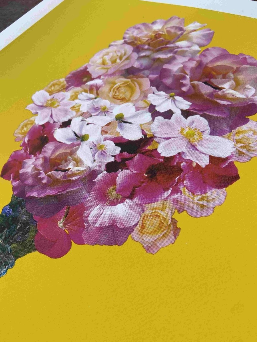4-colour CMYK screenprint, yellow, pink and white, Cornflakes vase still life with flowers and toys