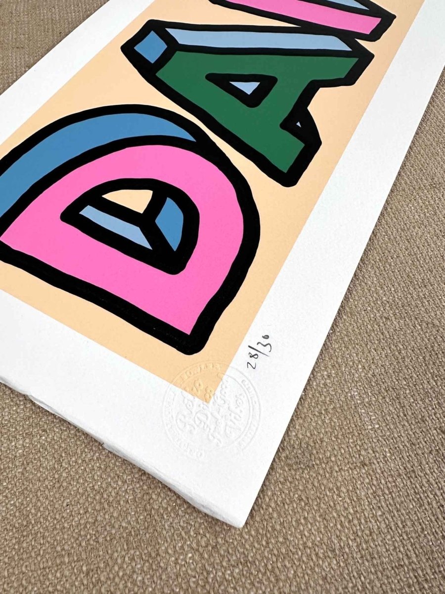 5-colour screenprint, pink blue green on peach, bold 3D DANCE typography, rare archive edition
