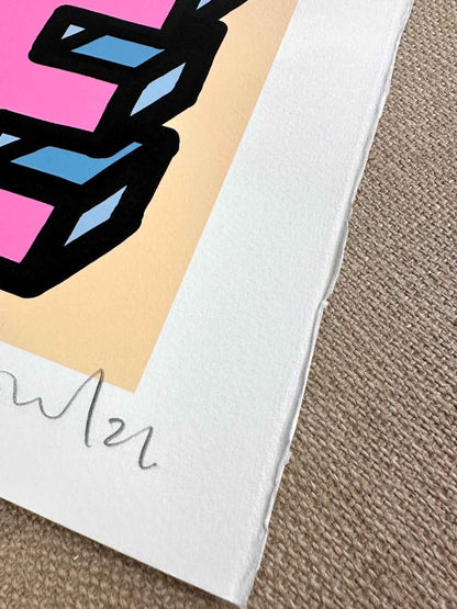 5-colour screenprint, pink blue green on peach, bold 3D DANCE typography, rare archive edition