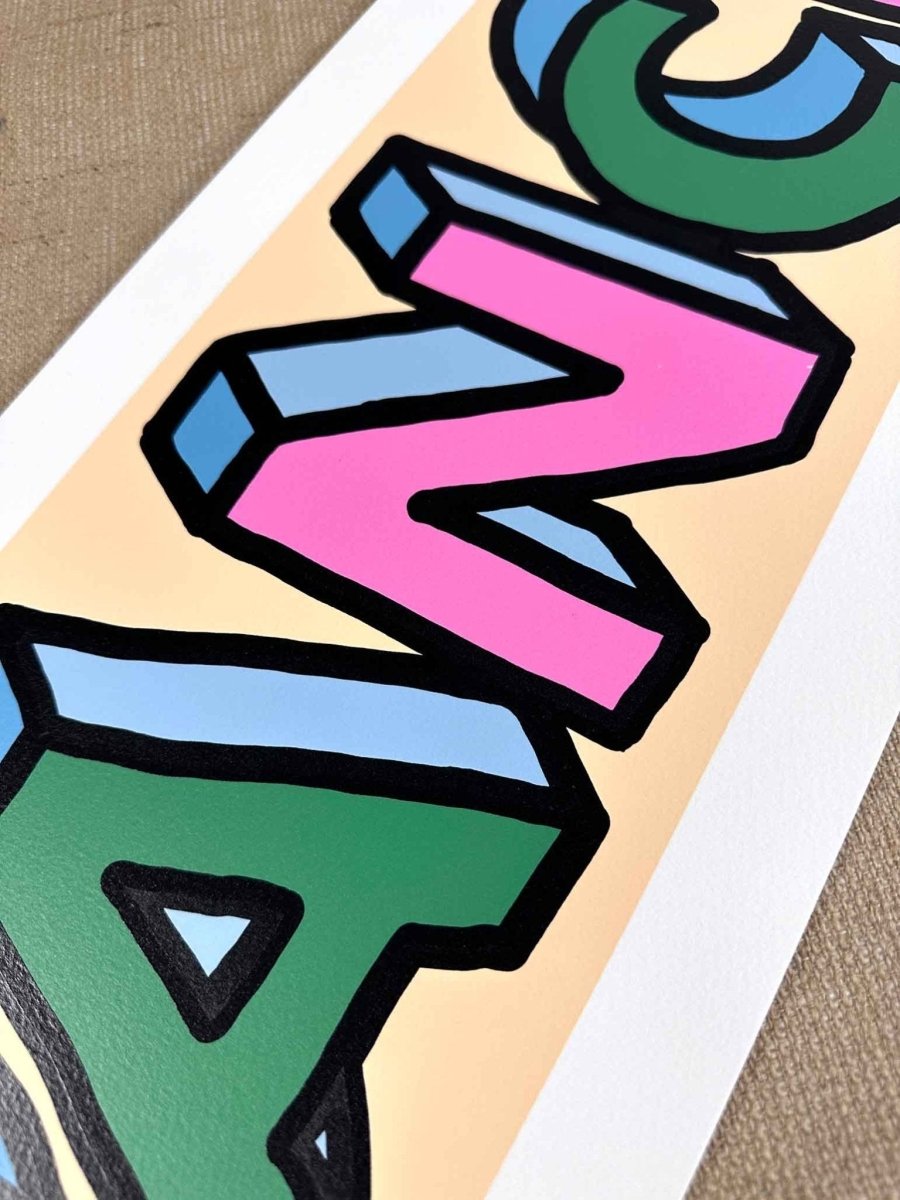 5-colour screenprint, pink blue green on peach, bold 3D DANCE typography, rare archive edition