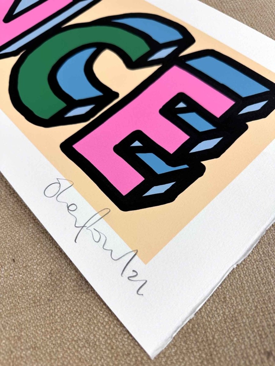 5-colour screenprint, pink blue green on peach, bold 3D DANCE typography, rare archive edition