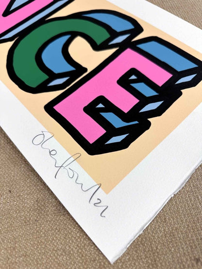 5-colour screenprint, pink blue green on peach, bold 3D DANCE typography, rare archive edition