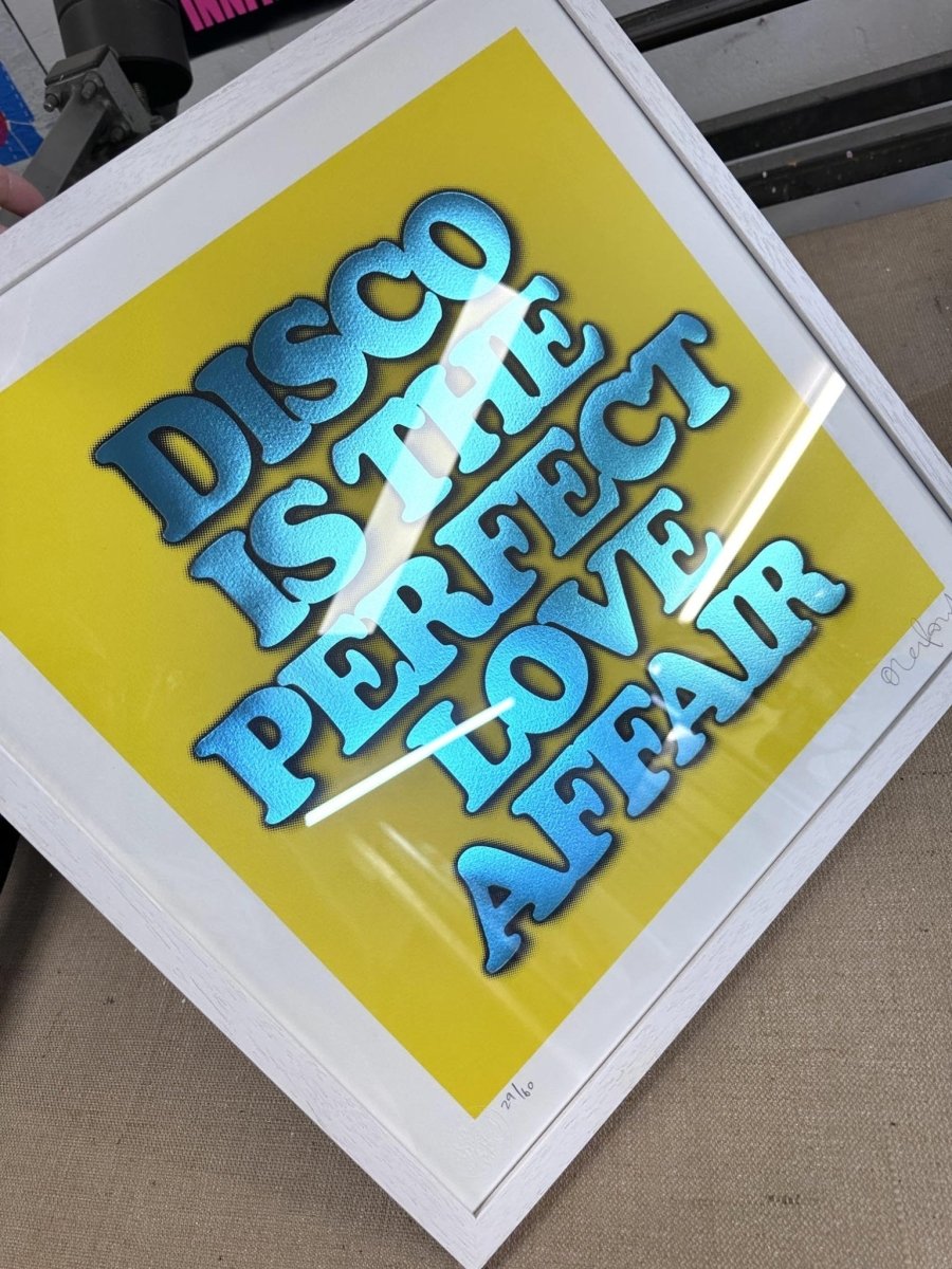 DISCO IS...YELLOW (FRAMED) OLI FOWLER ART tag1  framed art