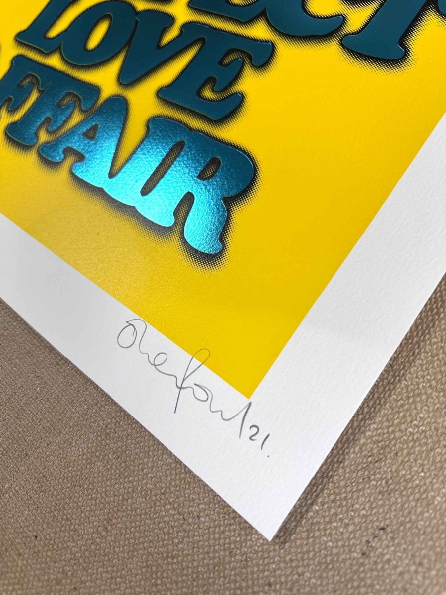 3-colour screenprint, yellow and cyan blue, bold retro disco typography, edition of 60, white paper