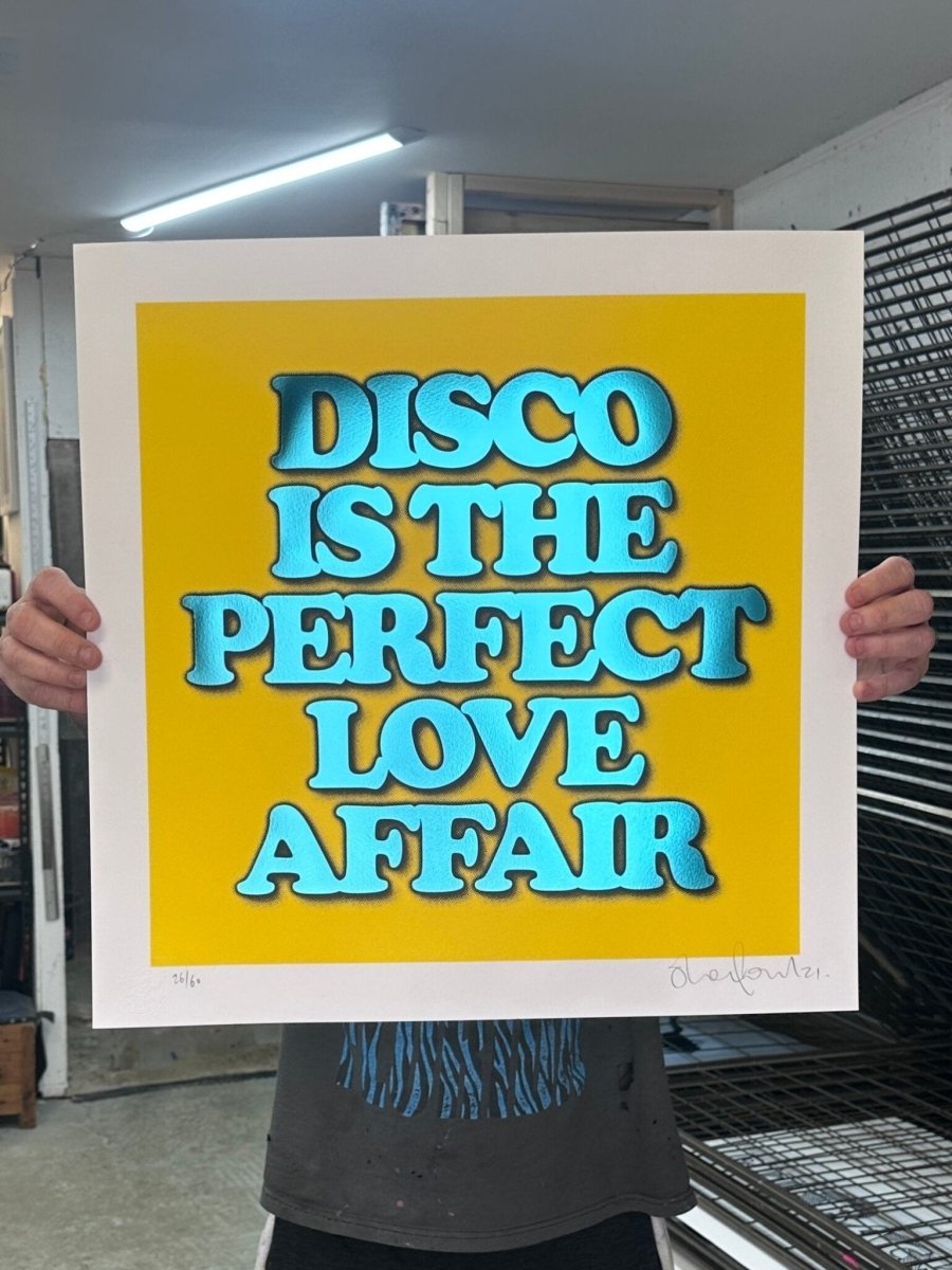 Disco Is... hand-pulled screenprint by Oli Fowler, bold cyan type on yellow, limited edition music art