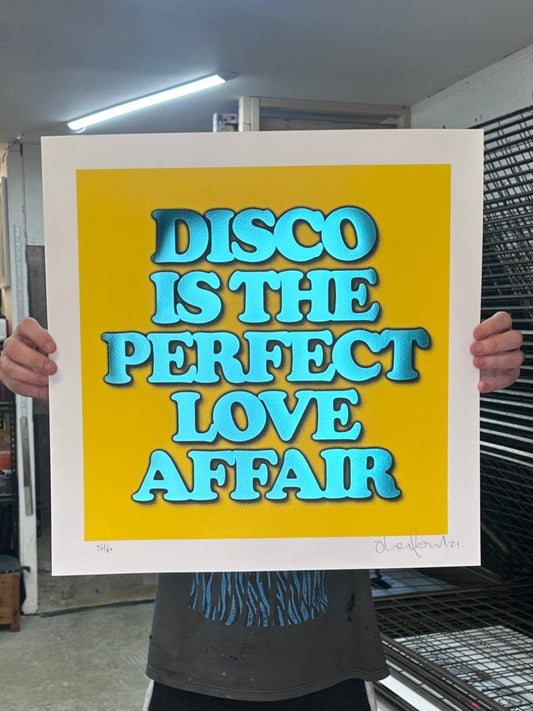 Disco Is... hand-pulled screenprint by Oli Fowler, bold cyan type on yellow, limited edition music art