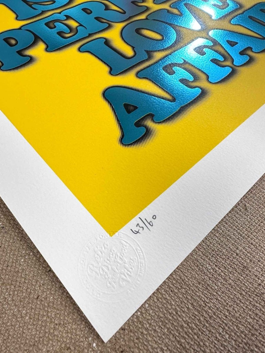 3-colour screenprint, yellow and cyan blue, bold retro disco typography, edition of 60, white paper