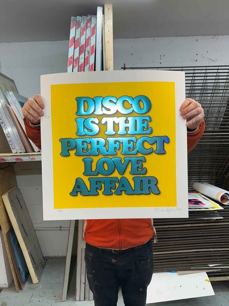 3-colour screenprint, yellow and cyan blue, bold retro disco typography, edition of 60, white paper