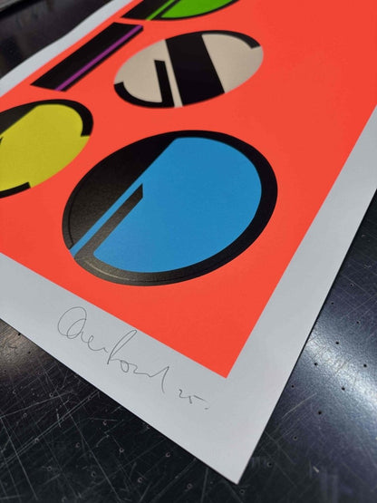 7-colour screenprint, orange, lime, pink, beige, yellow, turquoise, bold geometric DISCO design, edition of 25