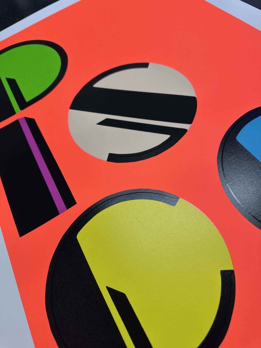 7-colour screenprint, orange, lime, pink, beige, yellow, turquoise, bold geometric DISCO design, edition of 25