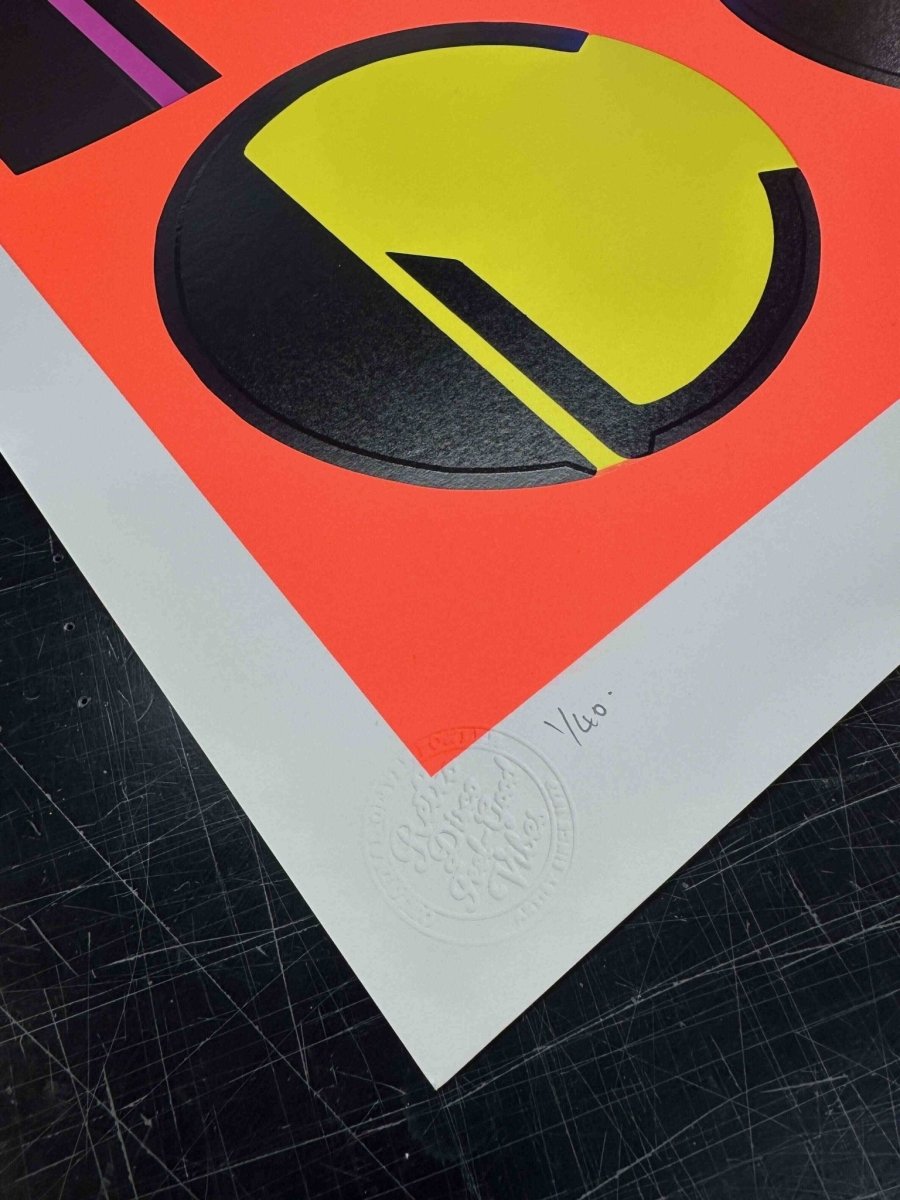 7-colour screenprint, orange, lime, pink, beige, yellow, turquoise, bold geometric DISCO design, edition of 25