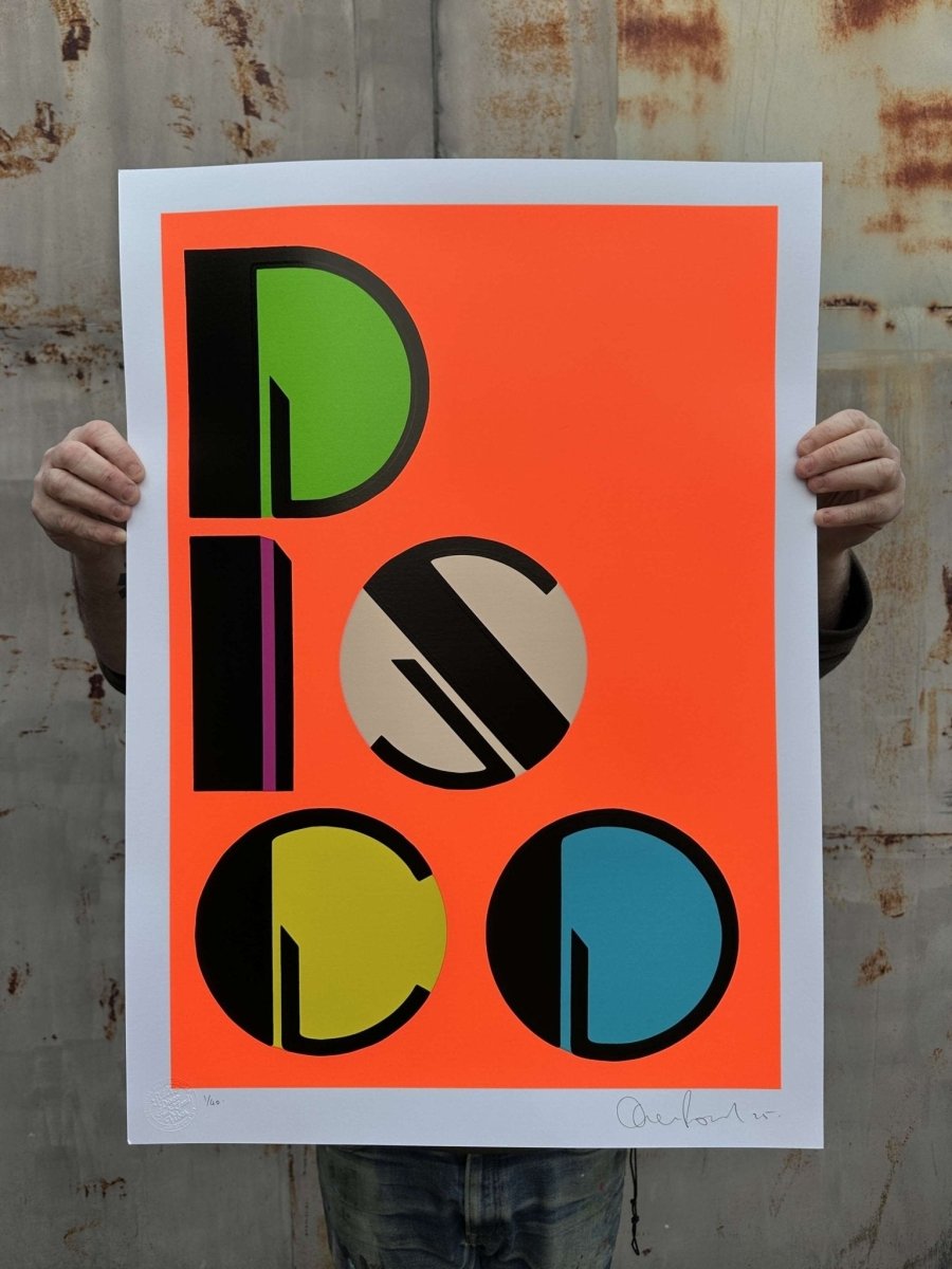 DISCO25 hand-pulled screenprint by Oli Fowler, bold geometric lettering in neon orange, green, blue and yellow