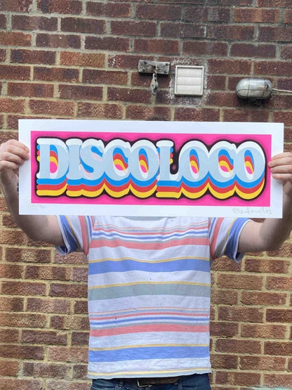 DISCOLOCO Neon Pink, hand-pulled screenprint by Oli Fowler, multicolour bubble letters on neon pink